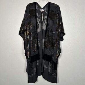 World Market one size kimono burnout velvet black yellow floral side slits NEW